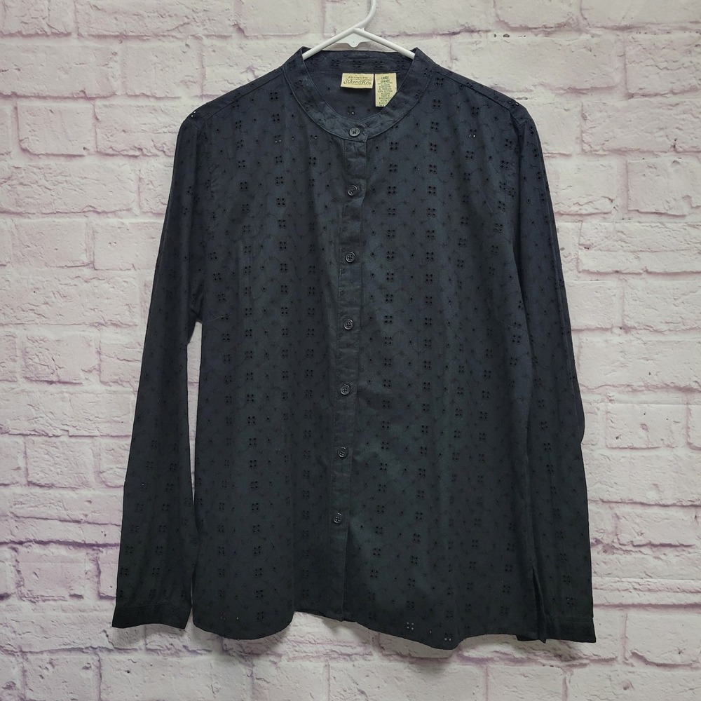 St John's Bay Black Eyelet Lace Blouse Womens L Dark Cottage Goth Prairie Witchy